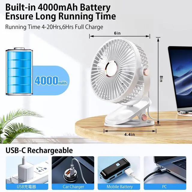 Alt view image 6 of 7 - 4000mAh Portable Clip on Fan with LED Lights, Battery Operated USB Desk Fan,4 Speed Quiet Rechargeable Mini Table Fan, 360° Rotate Personal Cooling Fan for Home Office Stroller Camping (White)