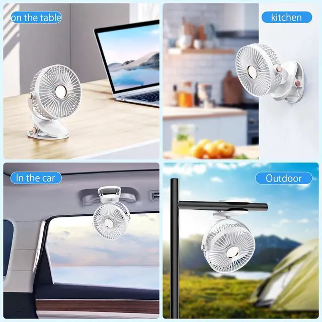 Alt view image 7 of 7 - 4000mAh Portable Clip on Fan with LED Lights, Battery Operated USB Desk Fan,4 Speed Quiet Rechargeable Mini Table Fan, 360° Rotate Personal Cooling Fan for Home Office Stroller Camping (White)