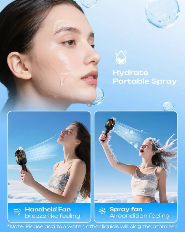 Alt view image 5 of 7 - Handheld Misting Fan Portable, 4000mAh Rechargeable Battery Powered, Small Personal Mister Fan with Water Spray Cooling, 4-Speed Wind, LED Display, Hand Held Mist Fans for Travel Outdoor Beach