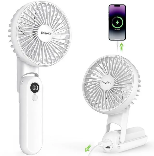 Main image of Portable Hand Held Fan, Ultra Quiet 5 Speed Personal Fan, LED Dispay USB C Rechargeable Handheld Fan, 180° Foldable Small Desk Fan, Electric Cooling Fan&PowerBank for Office Home Travel