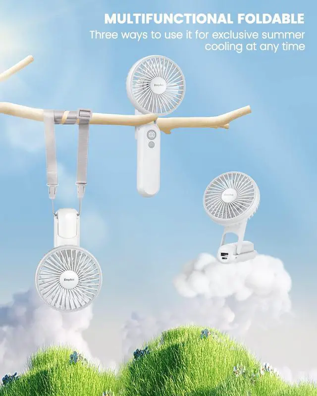 Alt view image 6 of 7 - Portable Hand Held Fan, Ultra Quiet 5 Speed Personal Fan, LED Dispay USB C Rechargeable Handheld Fan, 180° Foldable Small Desk Fan, Electric Cooling Fan&PowerBank for Office Home Travel