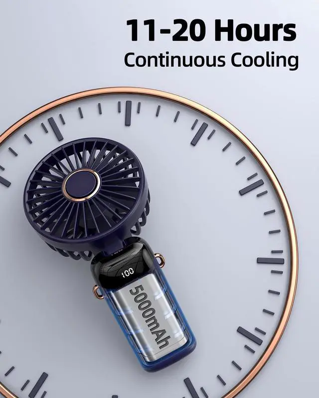 Alt view image 4 of 5 - Portable Handheld Fan, 5000mAh Battery Operated with Base, 20 Hours, Digital Display, 5 Speeds, 90° Ajustable, Rechargeable Mini Fan for Outdoor Indoor