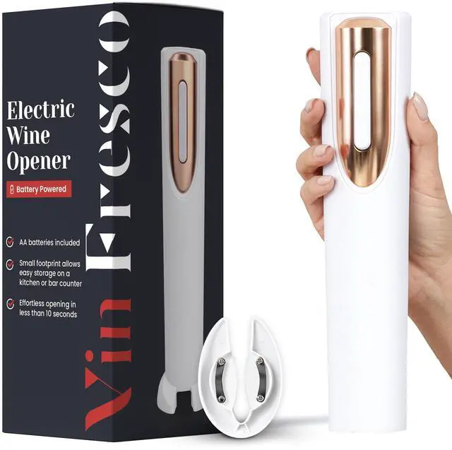 Main image of Electric Wine Opener Battery Operated with Stand and Built-in Foil Cutter - Automatic Wine Opener - Electric Corkscrew for Easy Cork Removal - Best Gift for Wine Lover (White & Rose Gold)