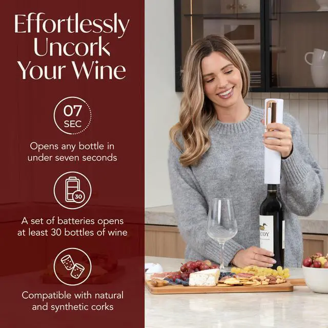 Alt view image 2 of 7 - Electric Wine Opener Battery Operated with Stand and Built-in Foil Cutter - Automatic Wine Opener - Electric Corkscrew for Easy Cork Removal - Best Gift for Wine Lover (White & Rose Gold)