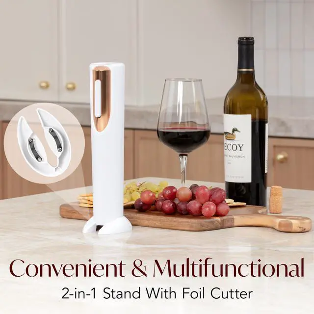 Alt view image 3 of 7 - Electric Wine Opener Battery Operated with Stand and Built-in Foil Cutter - Automatic Wine Opener - Electric Corkscrew for Easy Cork Removal - Best Gift for Wine Lover (White & Rose Gold)