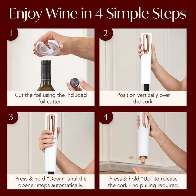 Alt view image 5 of 7 - Electric Wine Opener Battery Operated with Stand and Built-in Foil Cutter - Automatic Wine Opener - Electric Corkscrew for Easy Cork Removal - Best Gift for Wine Lover (White & Rose Gold)