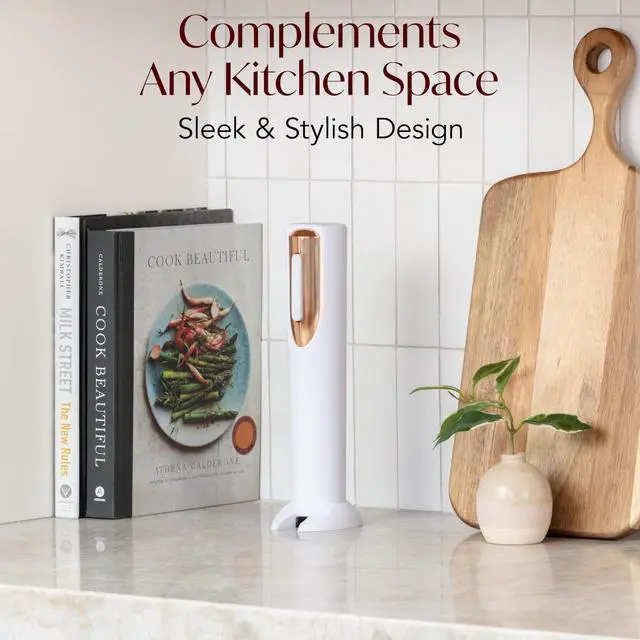 Alt view image 7 of 7 - Electric Wine Opener Battery Operated with Stand and Built-in Foil Cutter - Automatic Wine Opener - Electric Corkscrew for Easy Cork Removal - Best Gift for Wine Lover (White & Rose Gold)