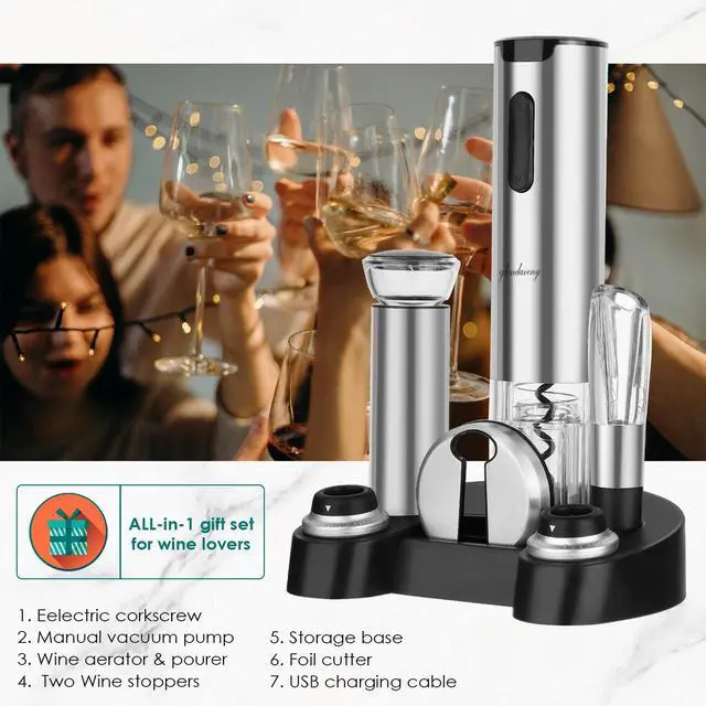 Alt view image 6 of 7 - Electric Wine Opener Set with Stand, Wine Gift Set with Rechargeable Wine Opener, Wine Aerator, Foil Cutter, Vacuum Pump and 2 Stoppers, 7-in-1 Wine Bottle Opener Set for Home Party Bar Outdoor Gift