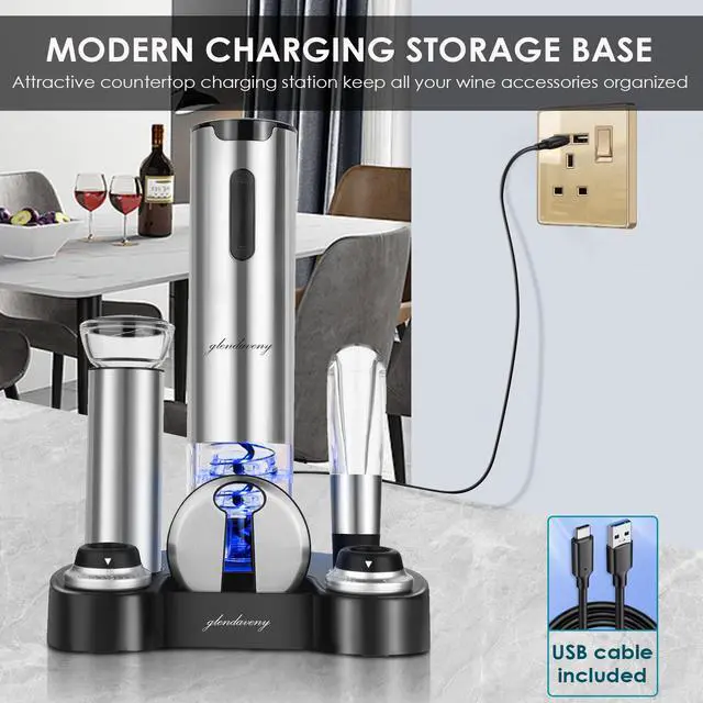 Alt view image 5 of 7 - Electric Wine Opener Set with Stand, Wine Gift Set with Rechargeable Wine Opener, Wine Aerator, Foil Cutter, Vacuum Pump and 2 Stoppers, 7-in-1 Wine Bottle Opener Set for Home Party Bar Outdoor Gift
