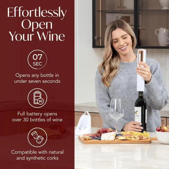 Alt view image 2 of 7 - Rechargeable Electric Wine Bottle Opener - Charging Base and Foil Cutter Included with Automatic Wine Opener - Electric Corkscrew for Easy Cork Removal - Best Gift for Wine Lover (White & Rose Gold)