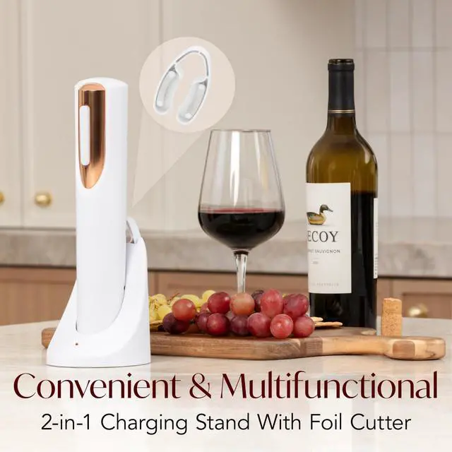 Alt view image 3 of 7 - Rechargeable Electric Wine Bottle Opener - Charging Base and Foil Cutter Included with Automatic Wine Opener - Electric Corkscrew for Easy Cork Removal - Best Gift for Wine Lover (White & Rose Gold)