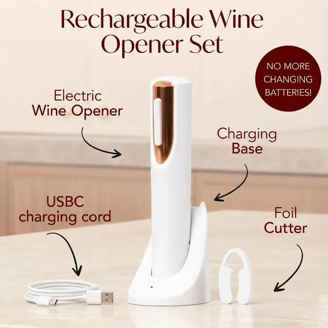 Alt view image 4 of 7 - Rechargeable Electric Wine Bottle Opener - Charging Base and Foil Cutter Included with Automatic Wine Opener - Electric Corkscrew for Easy Cork Removal - Best Gift for Wine Lover (White & Rose Gold)