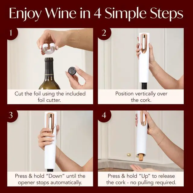 Alt view image 5 of 7 - Rechargeable Electric Wine Bottle Opener - Charging Base and Foil Cutter Included with Automatic Wine Opener - Electric Corkscrew for Easy Cork Removal - Best Gift for Wine Lover (White & Rose Gold)