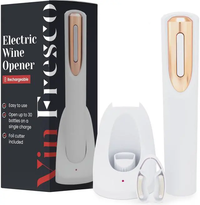 Main image of Rechargeable Electric Wine Bottle Opener - Charging Base and Foil Cutter Included with Automatic Wine Opener - Electric Corkscrew for Easy Cork Removal - Best Gift for Wine Lover (White & Rose Gold)