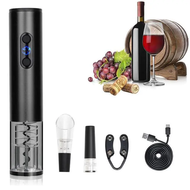 Main image of Electric Wine Bottle Opener Auto Wine Opener Cordless Wine Opener Rechargeable with Foil Cutter, Wine Pourer,Vacuum Stopper,USB C Charging Cable,Fathers Day Dad Gifts from Daughter Son(Black)