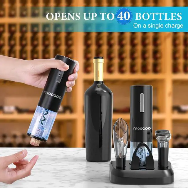 Alt view image 4 of 6 - Electric Wine Opener with Charging Base, Cordless Electric Wine Bottle Opener with 2-in-1 Aerator &Pourer, Foil Cutter, 2 Vacuum Preservation Stoppers, Display Charging Station for Easy Storage