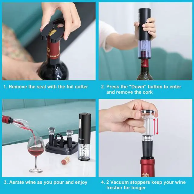 Alt view image 5 of 6 - Electric Wine Opener with Charging Base, Cordless Electric Wine Bottle Opener with 2-in-1 Aerator &Pourer, Foil Cutter, 2 Vacuum Preservation Stoppers, Display Charging Station for Easy Storage
