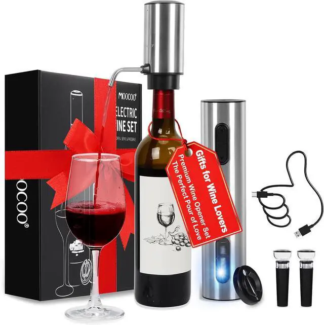 Main image of Electric Wine Opener Gift Set, Automatic Electric Wine Bottle Corkscrew Opener Rechargeable with Foil Cutter, Automatic Aerator, 2 Vacuum Stoppers for Home Bar Outdoor Parties, Stainless Steel