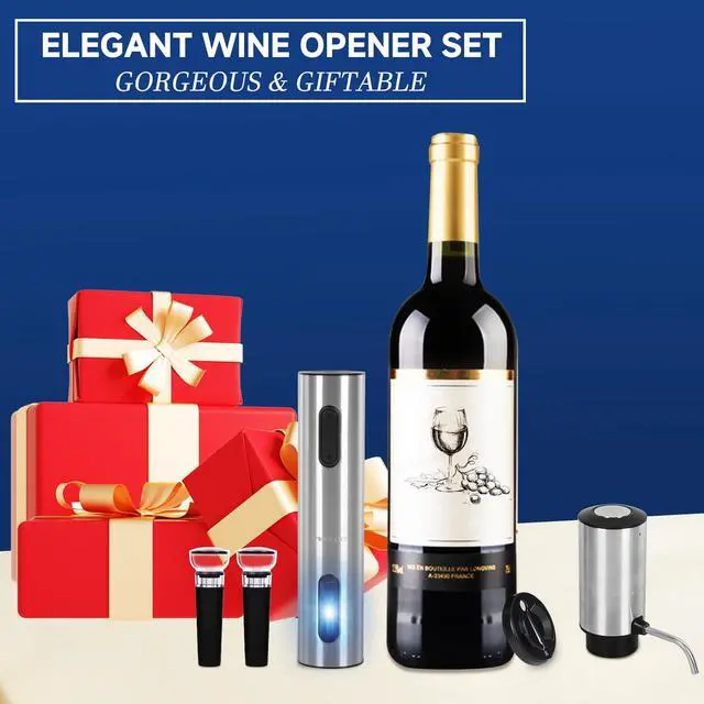 Alt view image 2 of 7 - Electric Wine Opener Gift Set, Automatic Electric Wine Bottle Corkscrew Opener Rechargeable with Foil Cutter, Automatic Aerator, 2 Vacuum Stoppers for Home Bar Outdoor Parties, Stainless Steel