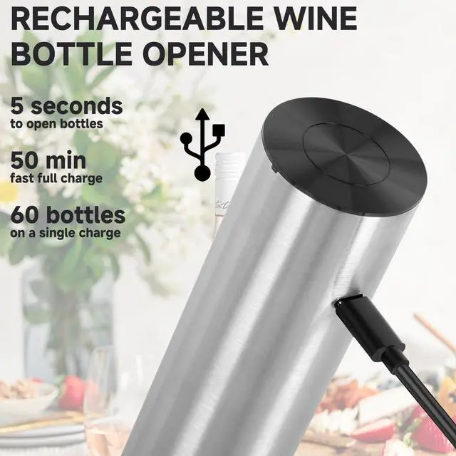 Alt view image 3 of 7 - Electric Wine Opener Gift Set, Automatic Electric Wine Bottle Corkscrew Opener Rechargeable with Foil Cutter, Automatic Aerator, 2 Vacuum Stoppers for Home Bar Outdoor Parties, Stainless Steel