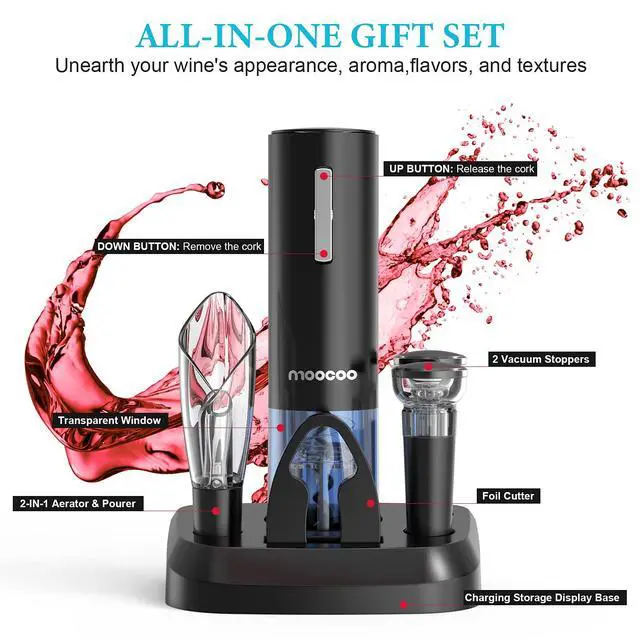Alt view image 6 of 6 - Electric Wine Opener with Charging Base, Cordless Electric Wine Bottle Opener with 2-in-1 Aerator &Pourer, Foil Cutter, 2 Vacuum Preservation Stoppers, Display Charging Station for Easy Storage