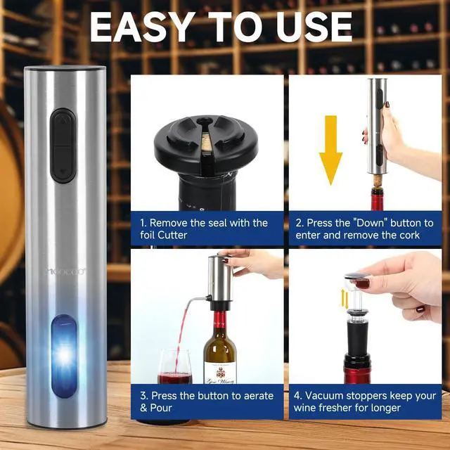 Alt view image 5 of 7 - Electric Wine Opener Gift Set, Automatic Electric Wine Bottle Corkscrew Opener Rechargeable with Foil Cutter, Automatic Aerator, 2 Vacuum Stoppers for Home Bar Outdoor Parties, Stainless Steel