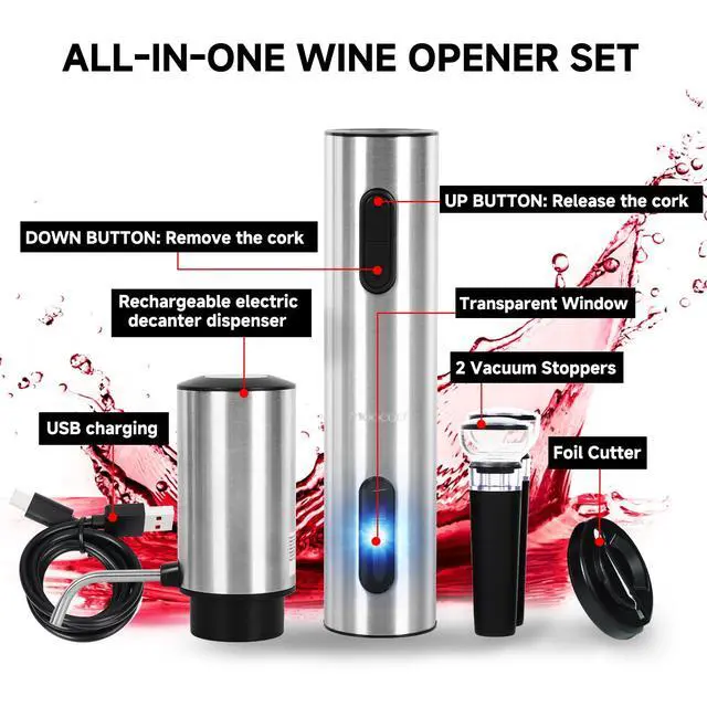Alt view image 6 of 7 - Electric Wine Opener Gift Set, Automatic Electric Wine Bottle Corkscrew Opener Rechargeable with Foil Cutter, Automatic Aerator, 2 Vacuum Stoppers for Home Bar Outdoor Parties, Stainless Steel