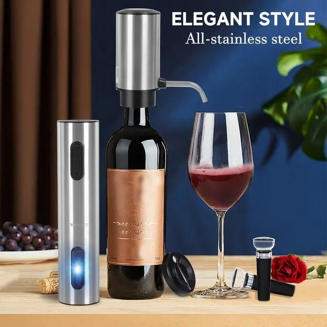 Alt view image 7 of 7 - Electric Wine Opener Gift Set, Automatic Electric Wine Bottle Corkscrew Opener Rechargeable with Foil Cutter, Automatic Aerator, 2 Vacuum Stoppers for Home Bar Outdoor Parties, Stainless Steel