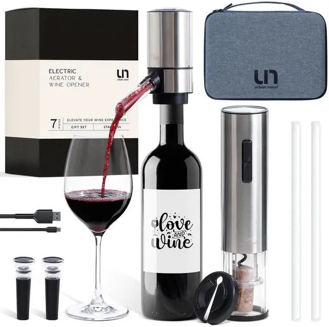 Main image of Electric Wine Opener Set with Aerator, Foil Cutter & Vacuum Stoppers Automatic Wine Bottle Opener Kit with Portable Case 7 Piece Wine Gift Set (Silver)