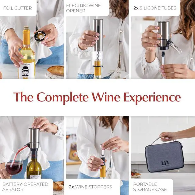 Alt view image 2 of 7 - Electric Wine Opener Set with Aerator, Foil Cutter & Vacuum Stoppers Automatic Wine Bottle Opener Kit with Portable Case 7 Piece Wine Gift Set (Silver)