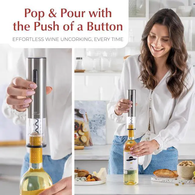 Alt view image 4 of 7 - Electric Wine Opener Set with Aerator, Foil Cutter & Vacuum Stoppers Automatic Wine Bottle Opener Kit with Portable Case 7 Piece Wine Gift Set (Silver)