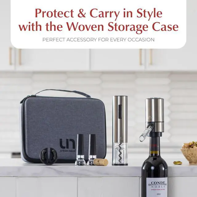 Alt view image 6 of 7 - Electric Wine Opener Set with Aerator, Foil Cutter & Vacuum Stoppers Automatic Wine Bottle Opener Kit with Portable Case 7 Piece Wine Gift Set (Silver)