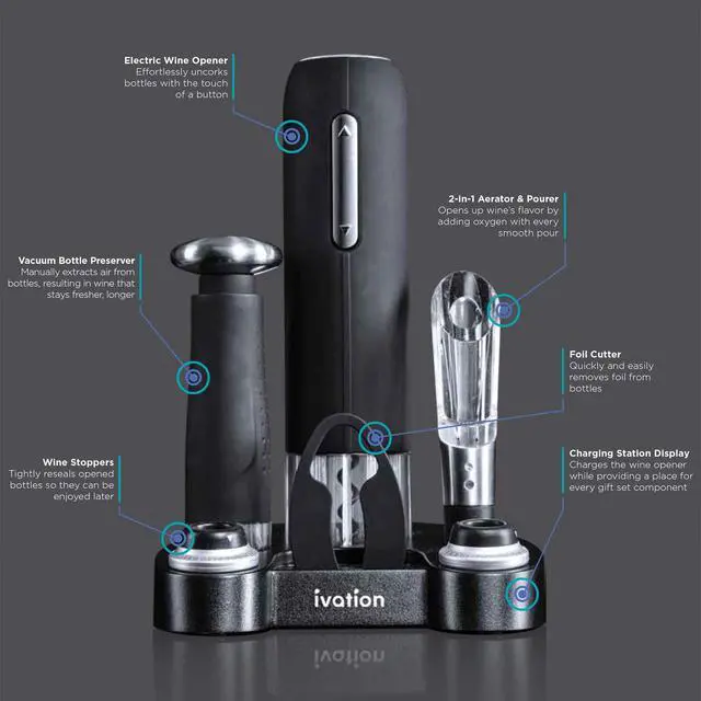 Alt view image 3 of 7 - Wine Gift Set Includes Electric Opener, Aerator, Vacuum Preserver, 2 Stoppers, Foil Cutter & Charging Base