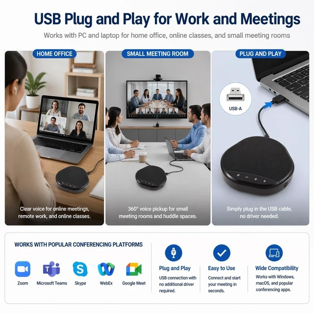 Alt view image 7 of 7 - CofunKool Conference Speaker and Microphone for Desktop PC Computer Laptop | Speakerphone, USB Plug and Play, 360° Voice Pickup, AI Noise Reduction, Echo Cancellation, Touch Controls, One-Tap Mute