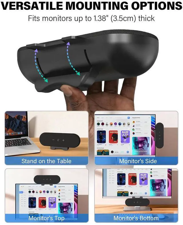 Alt view image 3 of 7 - Computer Speakers for Desktop PC, 14W USB Powered Monitor Speakers with Touch Control & 1.38" Wide Clamp, Stereo Sound Enhanced Bass, Desktop Speakers for Mac Windows PS5(Black)