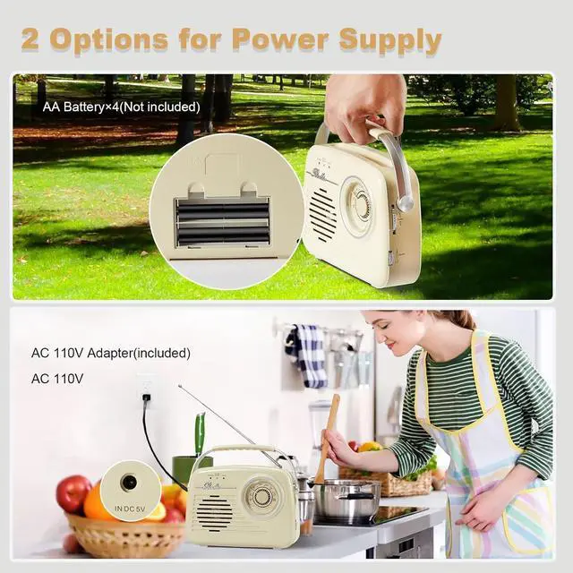 Alt view image 3 of 7 - Portable AM FM Radios, Battery Powered and Plug in Wall for Home/Outdoor/Kitchen, Vintage Retro Radio with Bluetooth, Large Dial Easy to Use (p350)