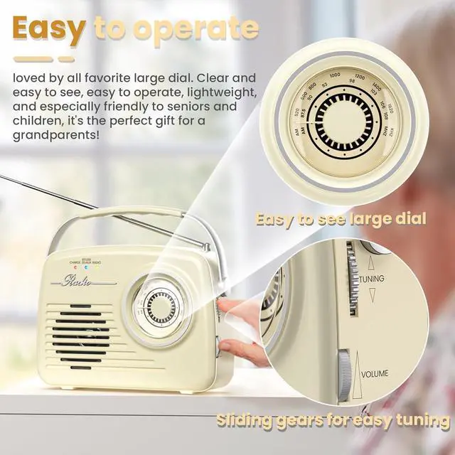 Alt view image 4 of 7 - Portable AM FM Radios, Battery Powered and Plug in Wall for Home/Outdoor/Kitchen, Vintage Retro Radio with Bluetooth, Large Dial Easy to Use (p350)