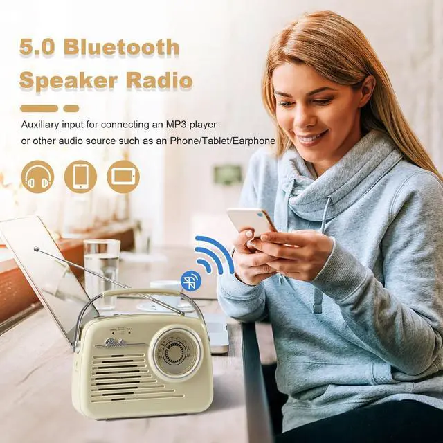Alt view image 6 of 7 - Portable AM FM Radios, Battery Powered and Plug in Wall for Home/Outdoor/Kitchen, Vintage Retro Radio with Bluetooth, Large Dial Easy to Use (p350)