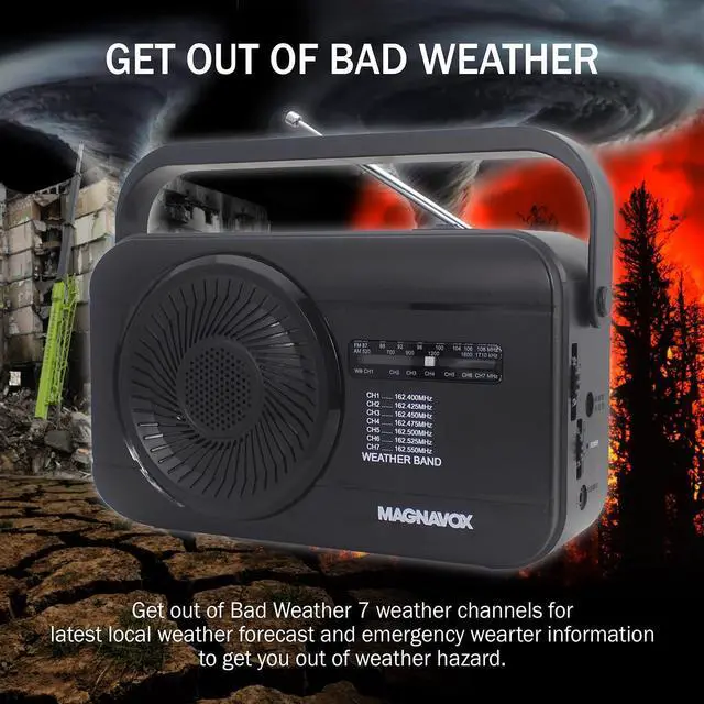 Alt view image 2 of 7 - MR4181W Weather Radio 7 with Dedicated Weather Channels and AM/FM Radio, Battery Powered Radio for Emergencies by 3X C Cell Batteries or AC Power for Household (not Included)