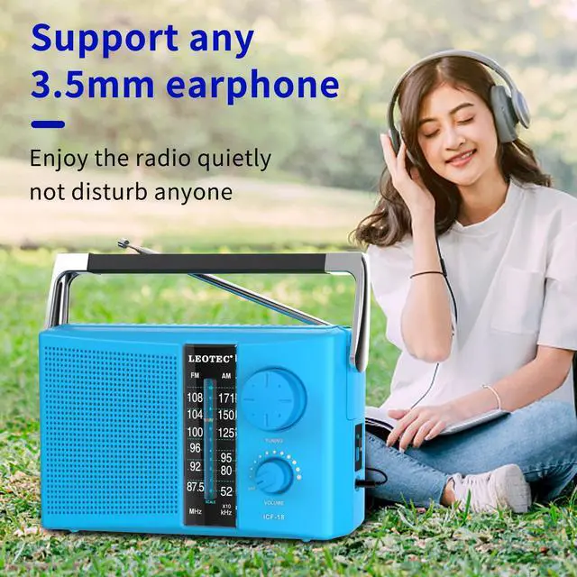Alt view image 3 of 7 - AM/FM Radio with Best Reception, AC or Battery Operated Portable Radio with Big Speaker, Large Tuning Knob, Clear Dial, Earphone Jack for Gift, Elder, Home (Blue)
