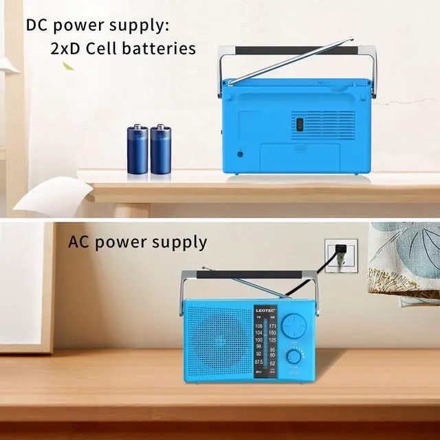 Alt view image 7 of 7 - AM/FM Radio with Best Reception, AC or Battery Operated Portable Radio with Big Speaker, Large Tuning Knob, Clear Dial, Earphone Jack for Gift, Elder, Home (Blue)