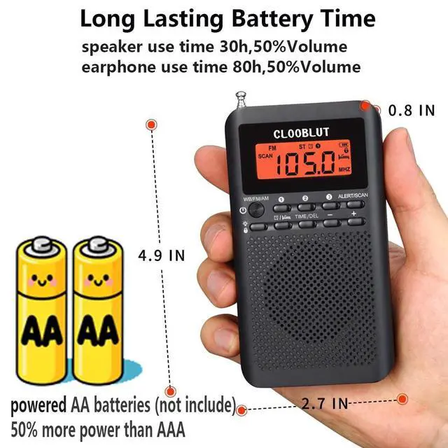 Alt view image 2 of 4 - CLOOBLUT Ver Portable AM FM WB NOAA Weather Radio, Pocket Size with DSP Chip, Battery Powered AA Battery, Headphone Jack Excellent Reception Transistor