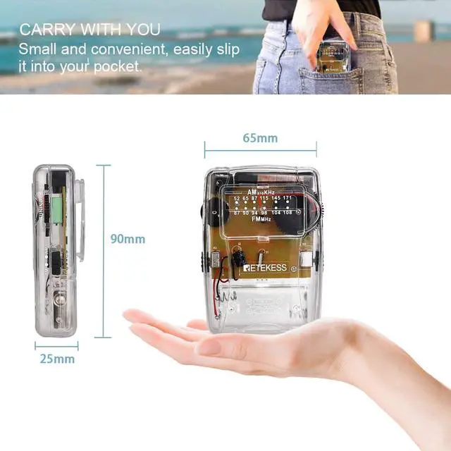 Alt view image 4 of 7 - TR624 Portable Radios AM FM, Pocket Mini Radio, Clear Radio with Crystal Headphone, Powered by AAA Battery, Suit for Indoor Outdoor (Clear)