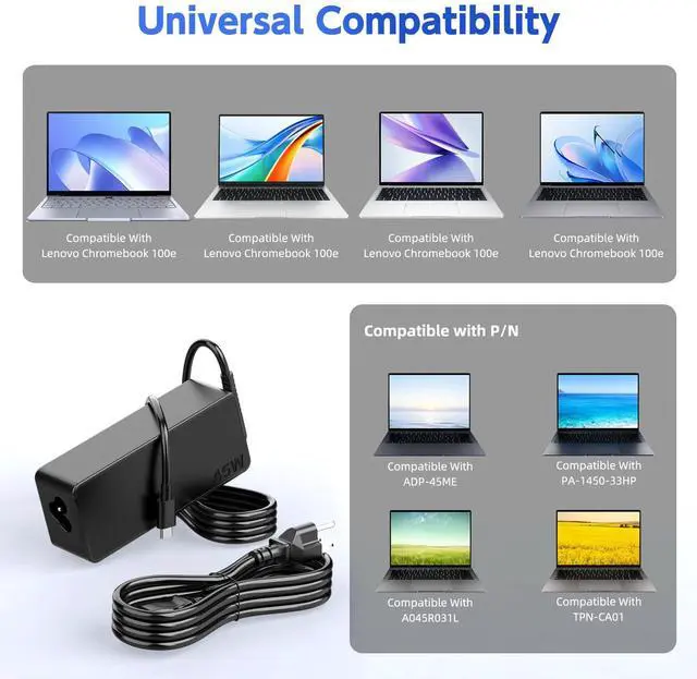 Alt view image 5 of 7 - 45W USB C Laptop Charger, Universal Type C Power Adapter Compatible with HP, Lenovo, Dell, Acer, Asus, Samsung, Google Laptop Chromebook Power Supply Cord