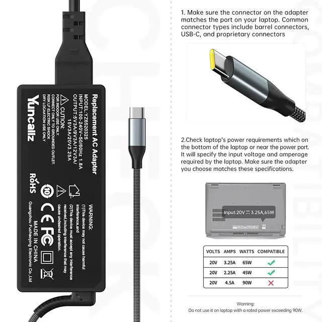 Alt view image 4 of 6 - 65W USB C Laptop Charger, Fast Charging Universal Computer Charger Cord Type C Compatible with Lenovo Laptops, Dell, HP, ASUS, Acer, Samsung Chromebooks, MacBook, for Home & Office Use