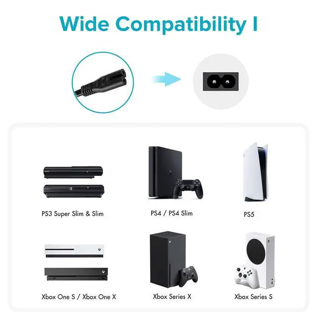 Alt view image 4 of 7 - 2 Prong Figure 8 Cable C7 AC Power Cord for TV Xbox PS3 PS4 PS5