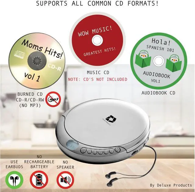 Alt view image 2 of 7 - CD Player Portable with 60 Second Anti Skip, Stereo Earbuds, Includes Aux in Cable and AC USB Power Cable for use at Home or in Car. Silver