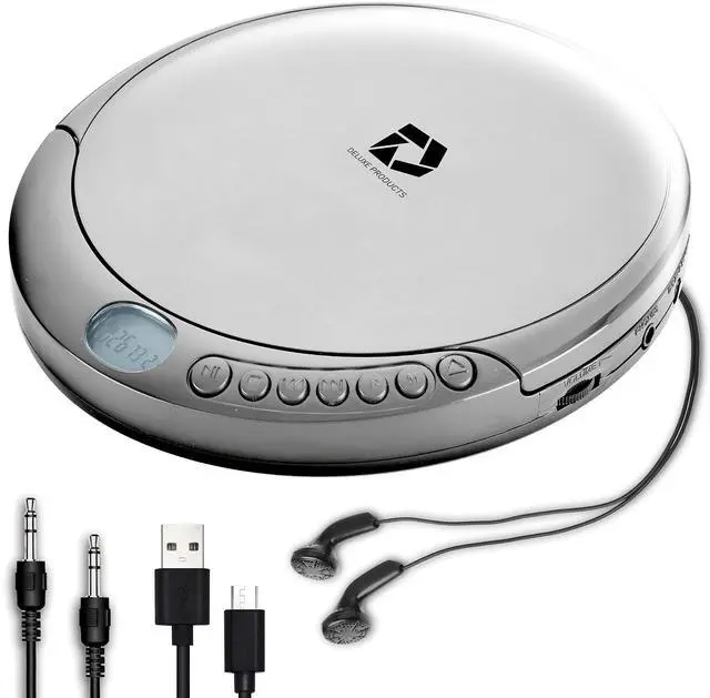 Main image of CD Player Portable with 60 Second Anti Skip, Stereo Earbuds, Includes Aux in Cable and AC USB Power Cable for use at Home or in Car. Silver