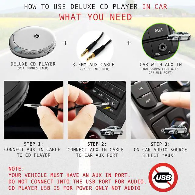 Alt view image 3 of 7 - CD Player Portable with 60 Second Anti Skip, Stereo Earbuds, Includes Aux in Cable and AC USB Power Cable for use at Home or in Car. Silver