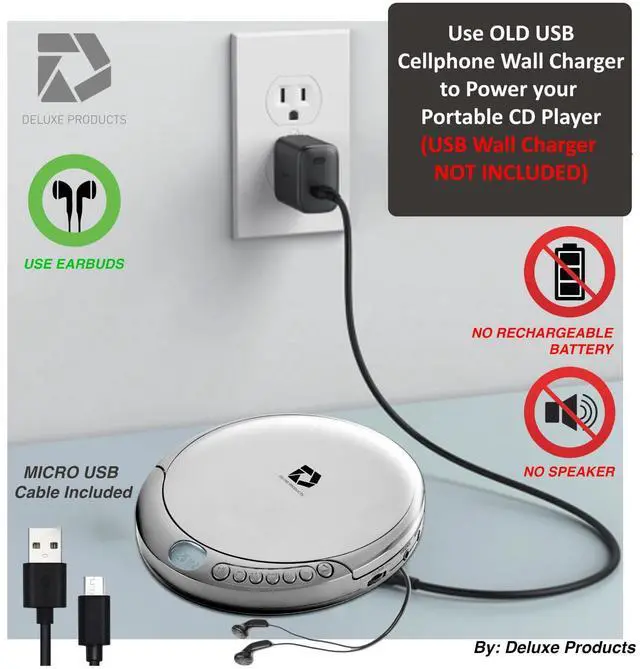 Alt view image 6 of 7 - CD Player Portable with 60 Second Anti Skip, Stereo Earbuds, Includes Aux in Cable and AC USB Power Cable for use at Home or in Car. Silver